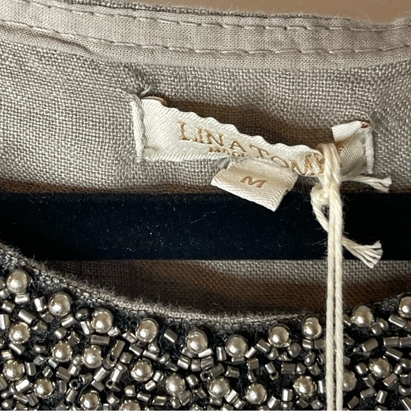 Lina Tomei 100% Linen Gray Sheath Dress Womens Medium Beaded Neck Stretch NWT - Picture 3 of 13
